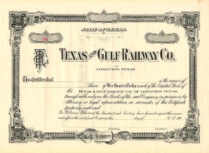 Texas and Gulf Railway Co. - Unissued Stock Certificate